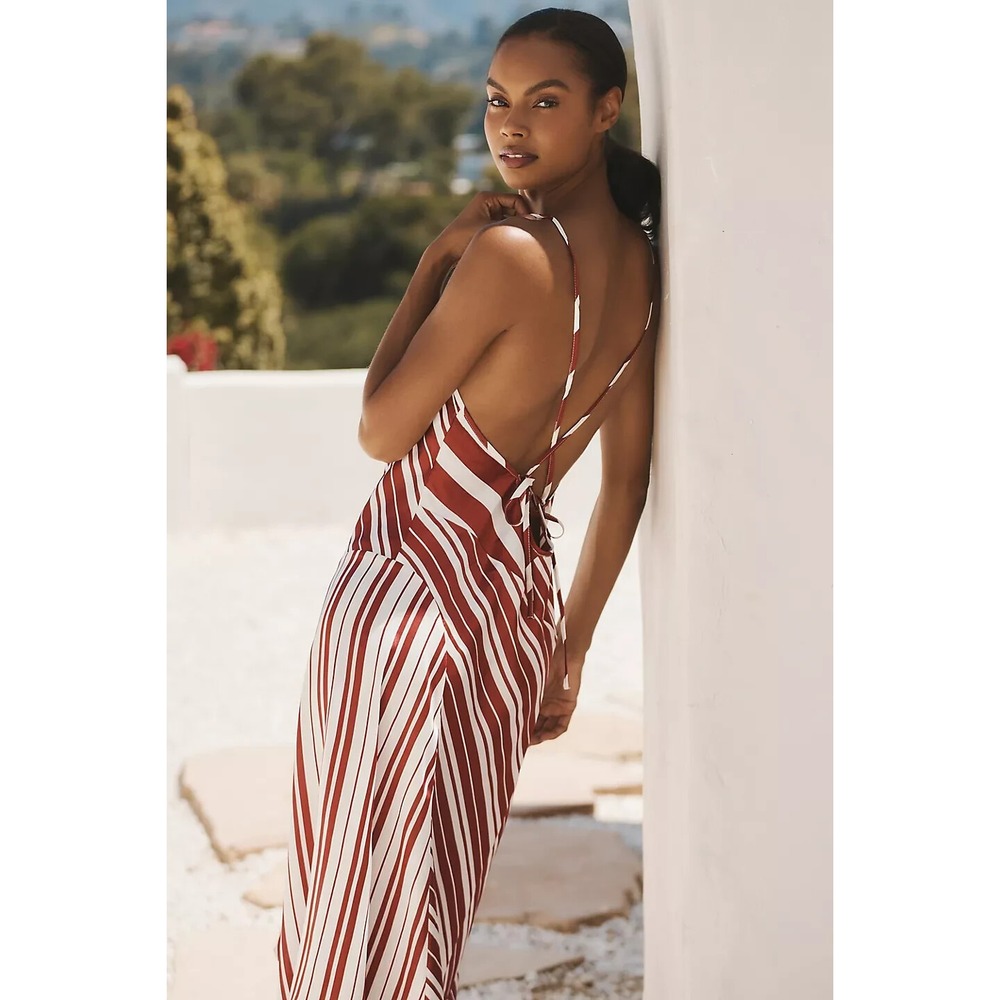 NWT By Anthropologie Satin Asymmetrical Slip Midi Dress Red/White Stripe L